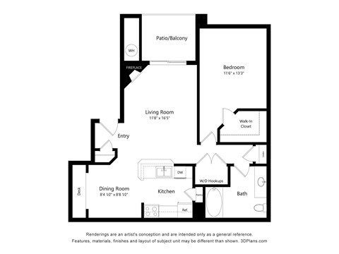 Floor plan for 1 bed, 1 bath, 750 sqft